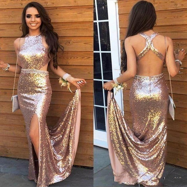 Sequined Backless Party Dresses Sexy Cutaway Sides Mermaid Evening Gowns Yong Girls Formal Wear Side Split Formal Prom Dress Cheap