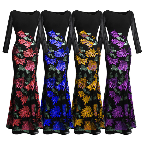 Angel-fashions Women's Long Sleeve Rose Pattern Sequin Black Formal Dress Evening Dresses Party Prom Gown 396