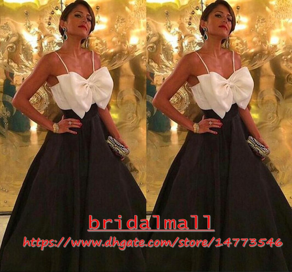 Simple Black and White Satin Party Dresses with Bow Knot African Dubai Formal Evening Guest Gowns Cheap Spaghetti Strap Long Prom Dress