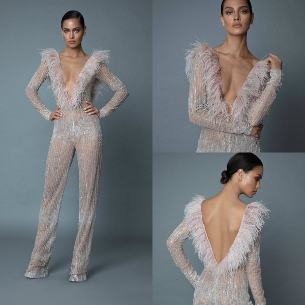 Sexy Berta Jumpsuits prom dresses V Neck Long Sleeve Crystal Evening Gowns With Feathers Dubai Arabic Party Runway Dress Custom