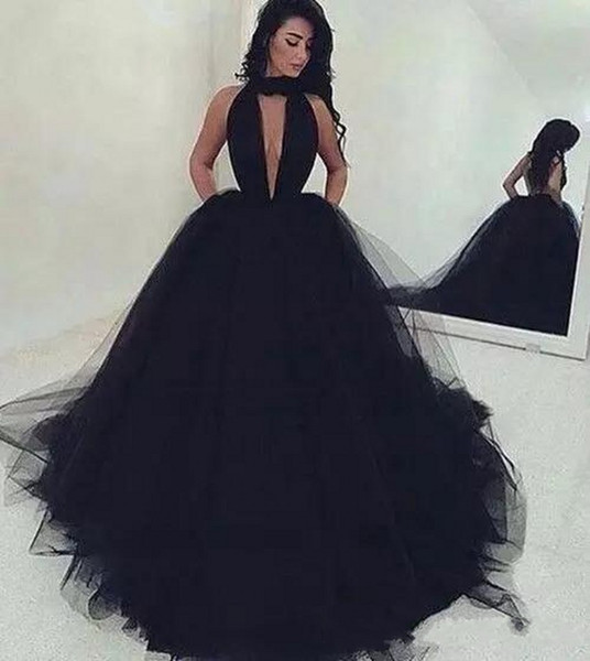 New Deep V Neck Sweep Train Prom Party Gowns Custom Made Simple Arabic Sexy Backless Ball Gown Black Tulle Prom Dresses Long Ruched