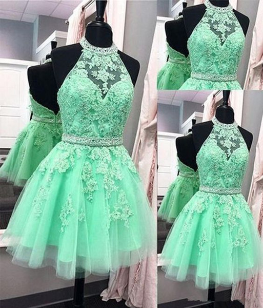 Luxury Beaded Jewel Neck Party Dresses Sexy Back With Zipper Lace Appliques Beaded Tulle A Line Short Prom Cocktail Gowns