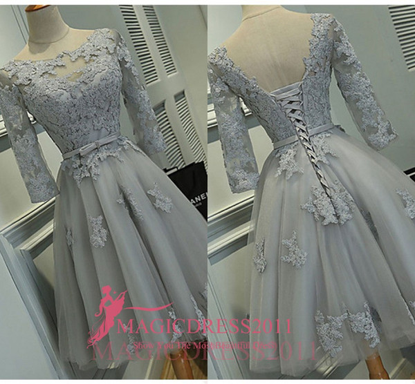 Real Photos Grey Lace Party Homecoming Bridesmaid Dresses 2016 A-Line Jewel Illusion 3/4Long Sleeve Short Mini Cocktail Prom Gowns Cheap