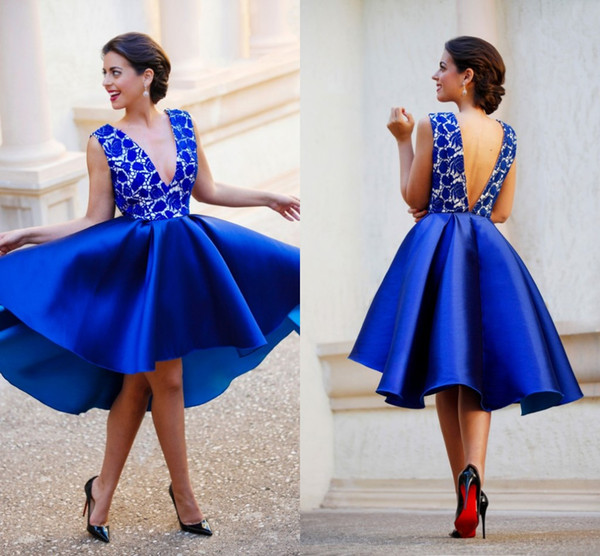 Sexy Deep V Neck Lace Party Dresses Royal Blue HI-lo Applique Open Back Formal Gowns Homecoming Graduation Celebrity Dresses Gowns