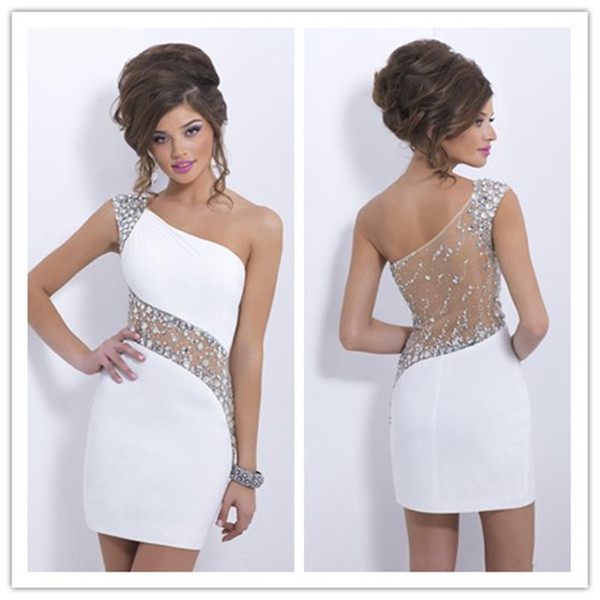 2015 elegant sexy Blush C153 crystals white Cocktail dresses one shoulder short sheer back prom dress homecoming dress evening party gown