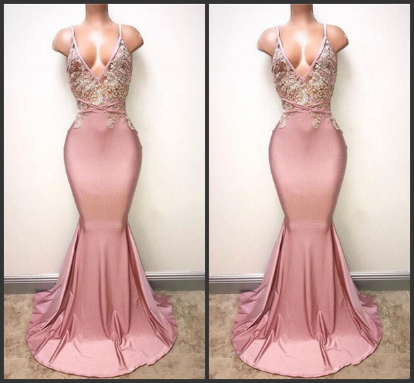 New Sexy Backless Dusty Pink Prom Dresses Mermaid Spaghetti Appliqued Beaded Long Train Party Gowns Custom Made Occasion Evening Wear