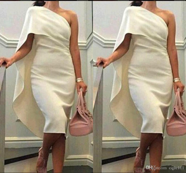 One Shoulder Sheath Prom Dresses With Cape Tea Length Party Dress Plus Size Formal Homecoming Gowns Short Cheap Women Cocktail Dresses