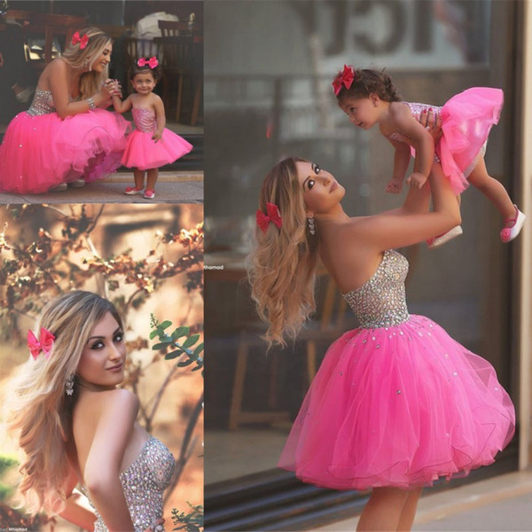 Gorgeous Crystal Beaded Short Prom Dresses Pink Strapless Tulle Homecoming Dresses Sexy Backless Formal Party Dresses Evening Gowns 2016