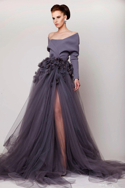 Hand Made Flower Long Sleeve Side Split Tulle Evening Gowns Fashion Sweep Train Party Dress Off Shoulder 2017 New Evening Dresses 017