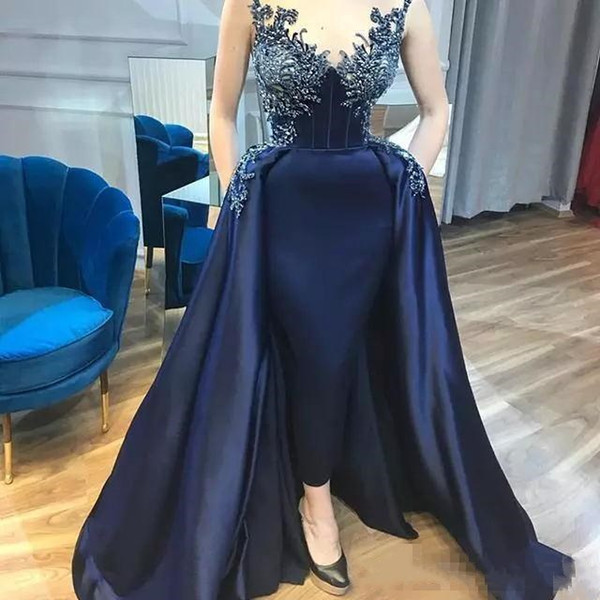 Dark Navy Mermaid Party Dresses With Detachable Train Beads Appliqued Prom Gowns Sexy Sheer V Neck Evening Dress