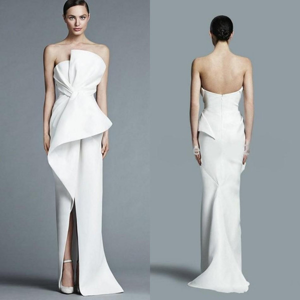 Unique White Cheap long arabic evening formal dresses mermaid prom dresses party wear Middle Split Floor Length