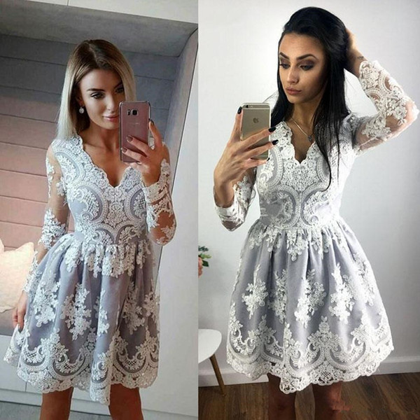 V Neck Long Sleeve party Prom Dresses Lace Applique Short Cheap Dress Evening Wear Custom Made Plus Size Cocktail Gown