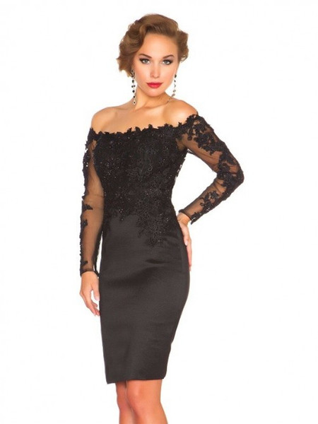 Little Black Short Party Dresses Bateau Neck Applique Lace Illusion Long Sleeves Cocktail Gowns Zipper Back Mini Prom Dress