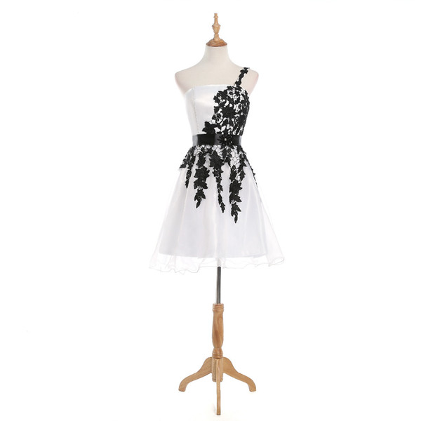 Real Photo A Line One Shoulder Balck And White Mini Short Homecoming Dresses Strapless cocktail Party Gowns