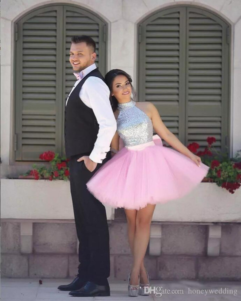 Sparkling Sequined Prom Dresses A Line Short Party Dress Cheap Tutu Skirt Zipper Back Formal Dresses Evening Wear Homecoming Gown