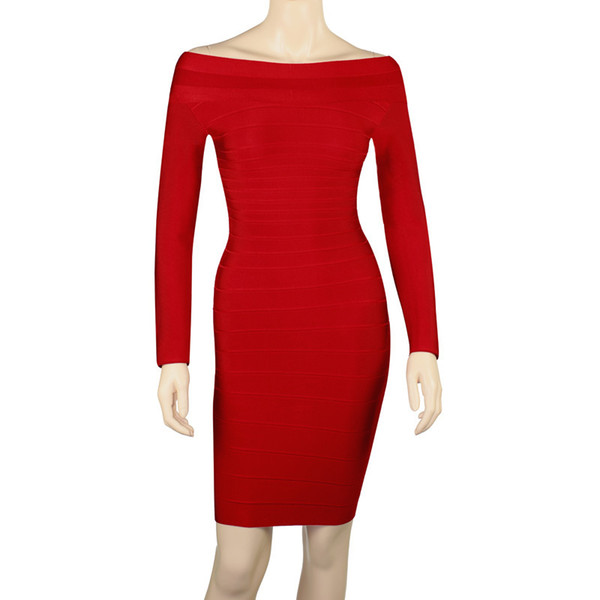 Long Sleeves Bandage Dresses 2018 Boat Neck Women Bodycon Dresses Knee Length Evening Party Dresses Black Red