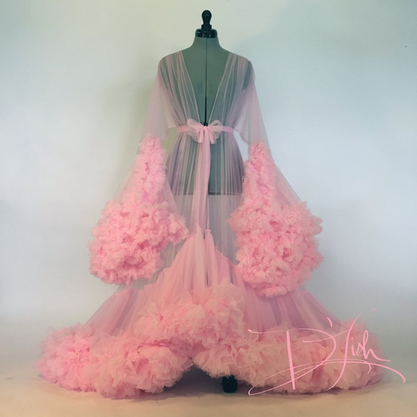 Sexy Sheer Long Robe with sash Bridal Boudoir Robe Pink Tulle Illusion Long Birthday Robe Holiday Party Costume