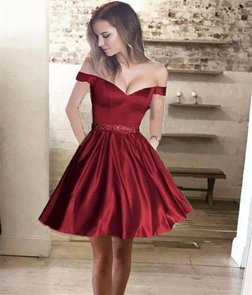 2017 Little Dark Red Mini Short Formal Party Dresses Off the Shoulder Beads With Pockets Short Prom Homecoming Dresses Cocktail Dress