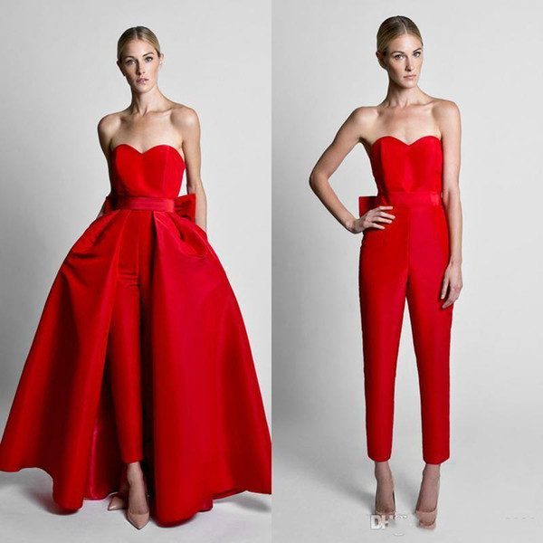 Sweetheart Krikor Jabotian Red Jumpsuits Formal Evening Dresses With Detachable Skirt Prom Dresses Party Wear Pants for Women