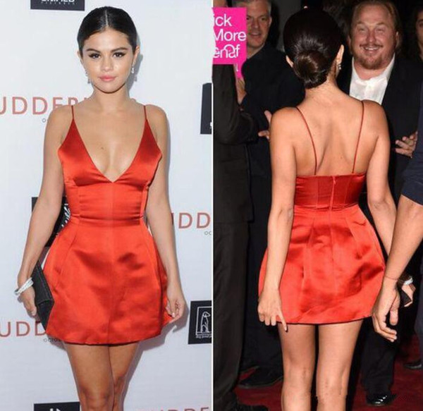 Selena Gomez formal red carpet party gowns spaghetti v neck sexy zipper back cocktail short mini prom dresses