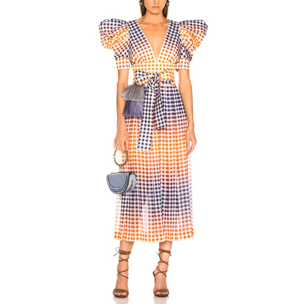 Flutter Sleeve 2019 spring summer new style with belted dress gradient plaid dress A Line Dress for party