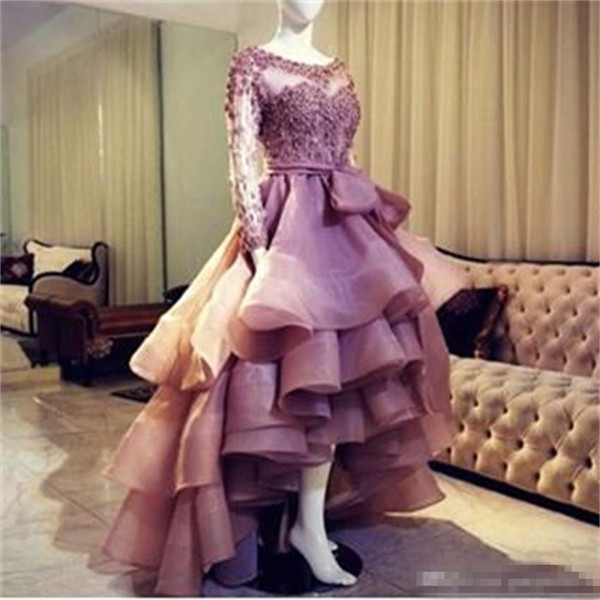 Romantic 2017 Sheer Boat Neck Beaded Appliques Puffy High Low Evening Dresses with Full Sleeves Prom Gowns Robe de Soiree Party Dress