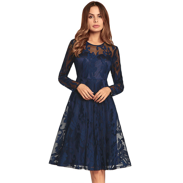 Dark Navy Long Sleeve Party Dresses Swing Knee Length Floral Lace Short Prom Dresses 4 Colors Homecoming Dresses Real In stock