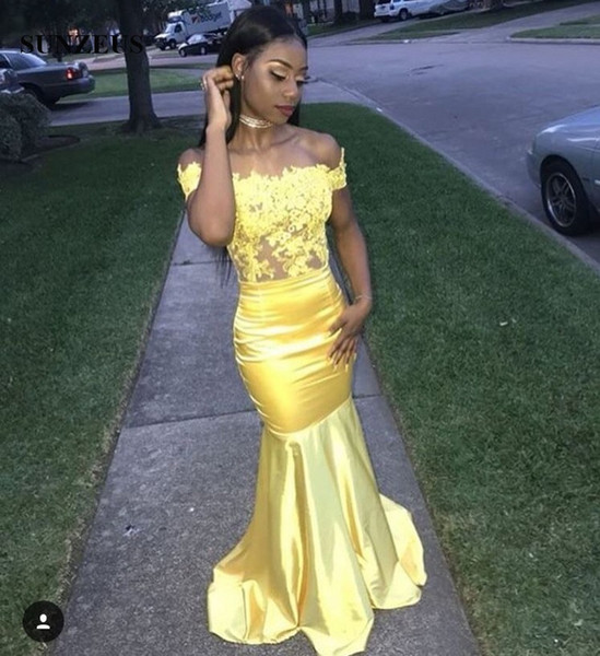 African Black Girls Yellow Prom Dresses Appliques Illusion Bodice Mermaid Long Party Gowns Off Shoulder Night Wear