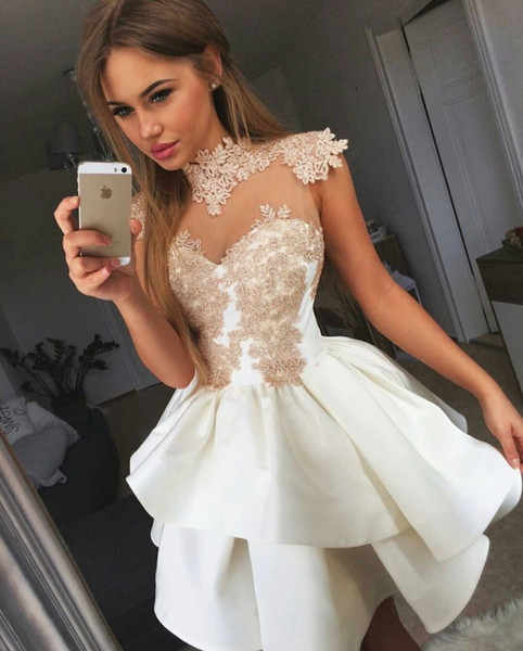 Short Skirt Stain Applique High Neck Sleeveless A Line Party Dresses Custom Made New Coming Prom Dresses