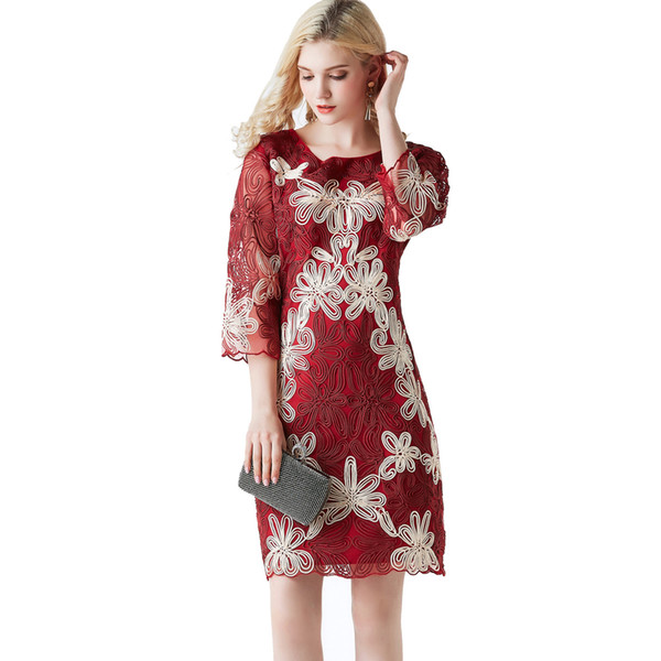 2019 Floral Lace Formal Bridesmaid Dress Evening Embroidered Retro Prom Party Elegant 3 4 Sleeve Midi Dresses