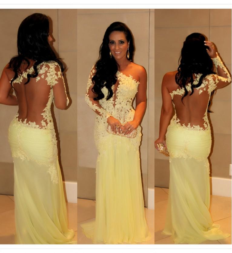 Cheap Real Picture!! New party Selling Back Special One Shoulder Long Sleeve Lace Chiffon Sexy See Through Prom Dresses