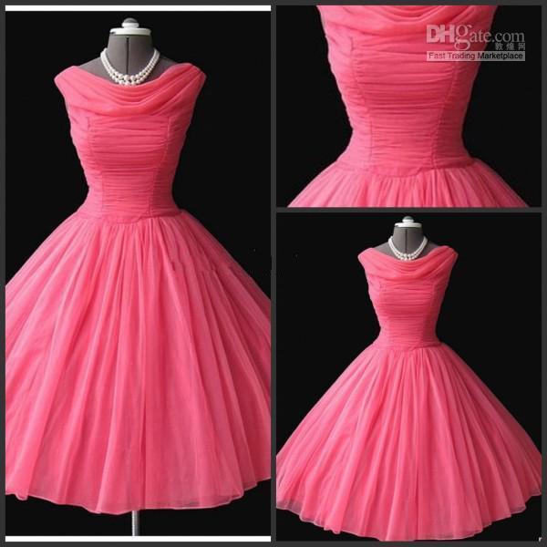 Real Sample 1950's Party Dresses Vintage Bateau Neckline Tea-length Puffy Ball Gown Water Melon Chiffon Short Prom Dresses Evening Gowns