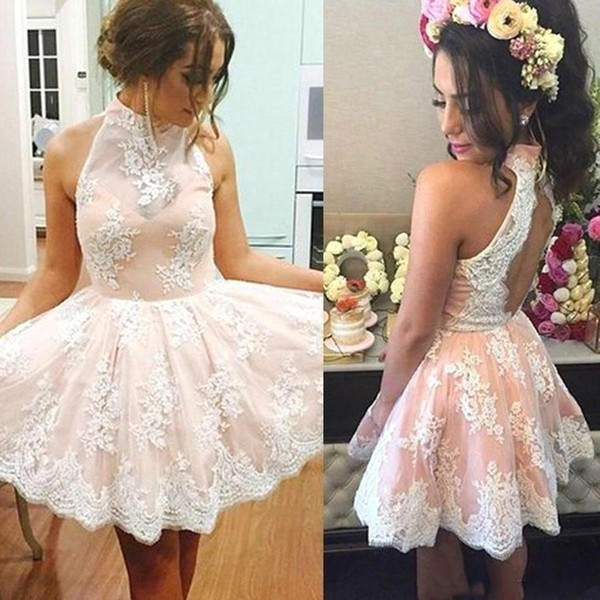Sexy Blush Pink Short Party Dresses High Neck Sleeveless Keyhole Lace Knee Length Party Cocktail Homecoming Dress Evening Wear