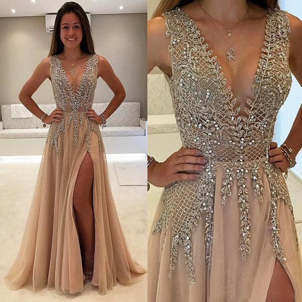 Vintage Deep V-Neck Crystal Applique Beading Backless Guest Dress Chiffon Elegant Split Full Length Party Prom Dress
