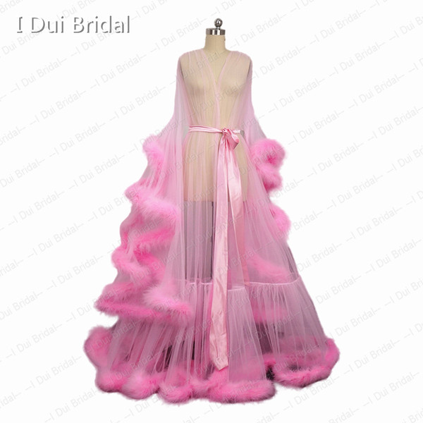 Bridal Boudoir Robe Pink Feather Bridal Sheer Robe Tulle Illusion Long Birthday Feather Robe Holiday Party Costume