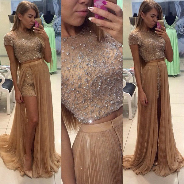2017 Crystal Beads Two Pieces Detachable Short Sleeves Jewel Vintage Sexy Party Dresses Modern Evening Dresses