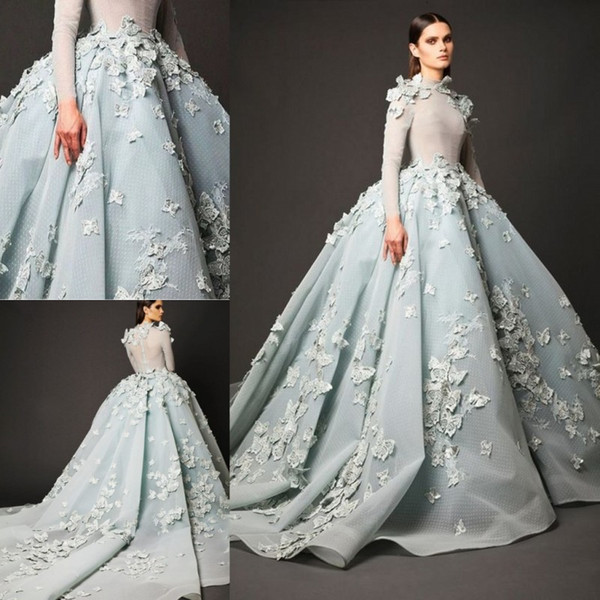 Sexy Light Blue Party Prom Dresses Long Illusion Evening Gowns With Butterfly Flowers Ball Gown Cocktail Dress Custom Made High Neck