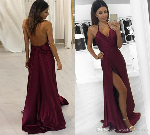 Sexy Backless Burgundy Party Dresses 2017 Halter A Line Sweep Train Evening Prom Dresses Long WP162