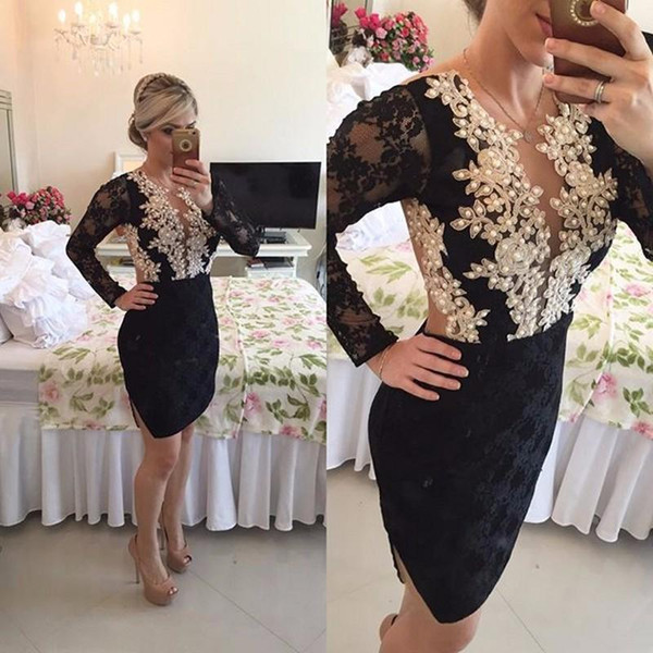 Sheath Lace Prom Party Dresses 2017 with Appliques and Beads Long Sleeves Little Black Short Cocktail Dress with Illusion Sheer Back