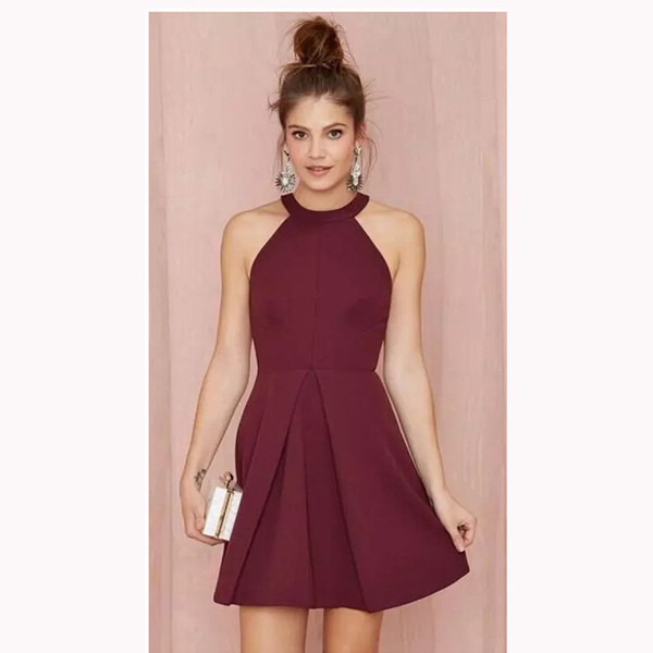 Cheap Short Cocktail Party Dresses 2017 Halter Backless Burgundy Satin A Line Prom Homecoming Gowns Girls Formal Wear