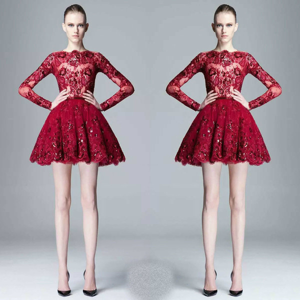 Zuhair Murad Spring Summer Sheer Lace Party Graduation Dresses Beads Sequins Applique Wine Red Long Sleeve Short Plus Size Prom Dress