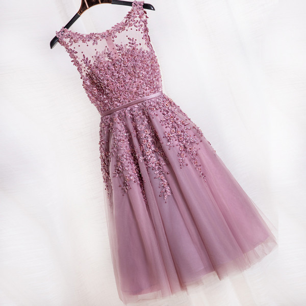 Women Short Evening Dresses 2018 Dusty Rose Pink Bridesmaid Dresses Cheap Knee Length Prom Dresses Lace Appliques Party Gowns Evening Wear