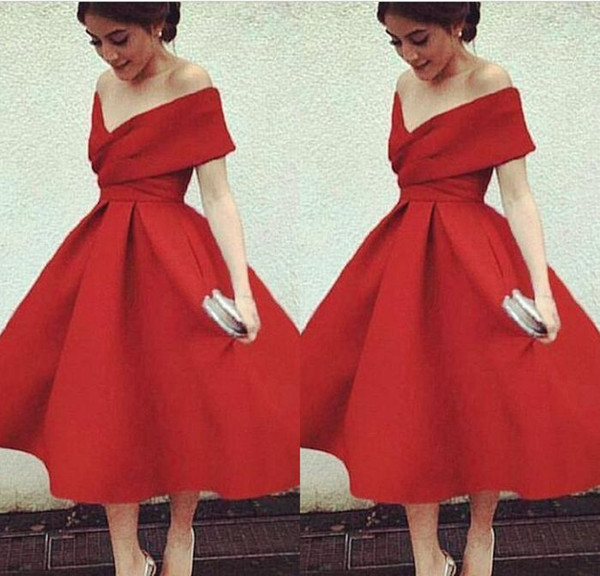 New Arrival A Line Off The Shoulder Tea Length Red Party Dresses Ruched Short Cheap Homecoming Cocktail Short Prom Dresses