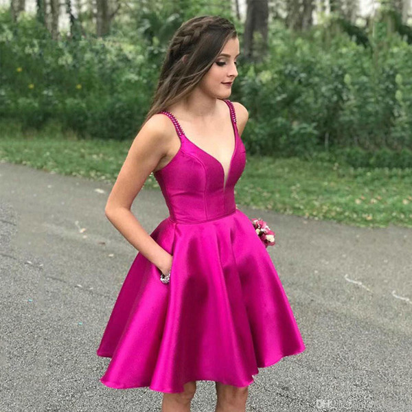 Simple Fuchsia Mini Girls Homecoming Dresses Spaghetti Strap Ruffles Pocket Evening Party Dress Short Prom Wears 