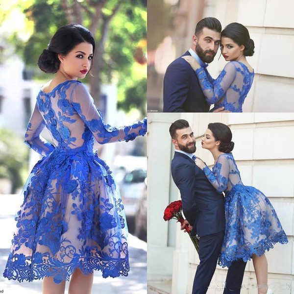 Latest Elegant Jewel Knee-Length Evening Dresss Sexy Royal Blue Mini Short Long Sleeves Lace Cocktail Dresses Party Dress Cheap