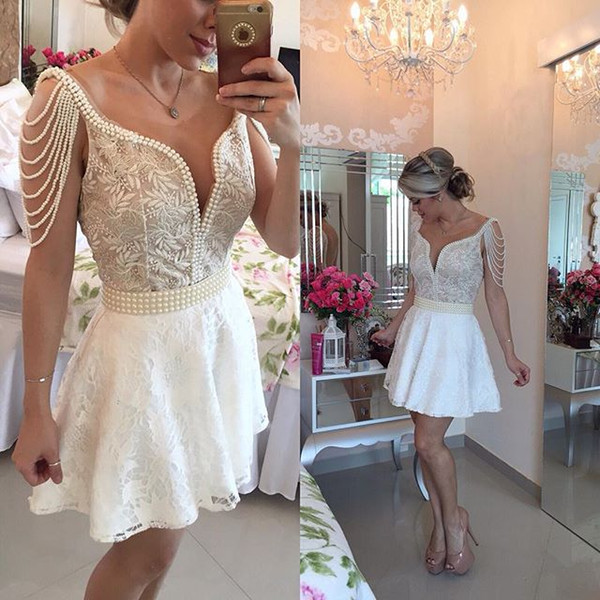Short Lace Party Dresses Mini Length Pearls Beading Formal Greaduation Dress Ball Gowns With Sexy Sheer Crew Neck Zip Back Custom Made