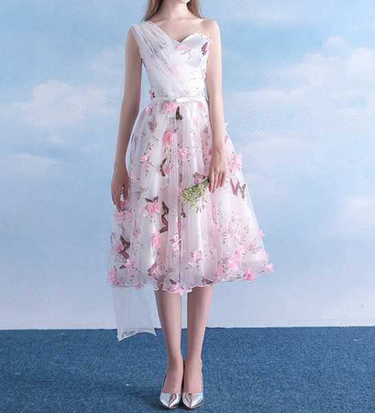 Modern 2019 New Organza One Shoulder Party Dress Colorful Draped A Line Belt Printed Tea Length Flowers Custom Size Floral Homecoming Gowns