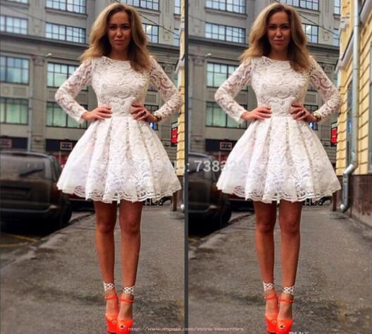 2016 Full Lace High Quality Homecoming Dresses Scoop Long Sleeve Lace A Line Mini Short Party Dress Custom Made BO8714