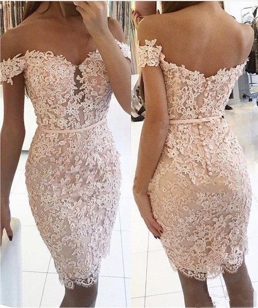 2017 knee length lace short party dresses off shoulder applique beaded maid of honor dress buttons back sexy cocktail gowns
