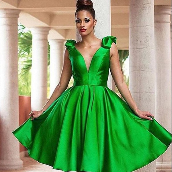 New Emerald Green Cocktail Party Dresses Short Dresses Satin V Neck 2016 Dress Vestidos De Noite Para A Festa 2017